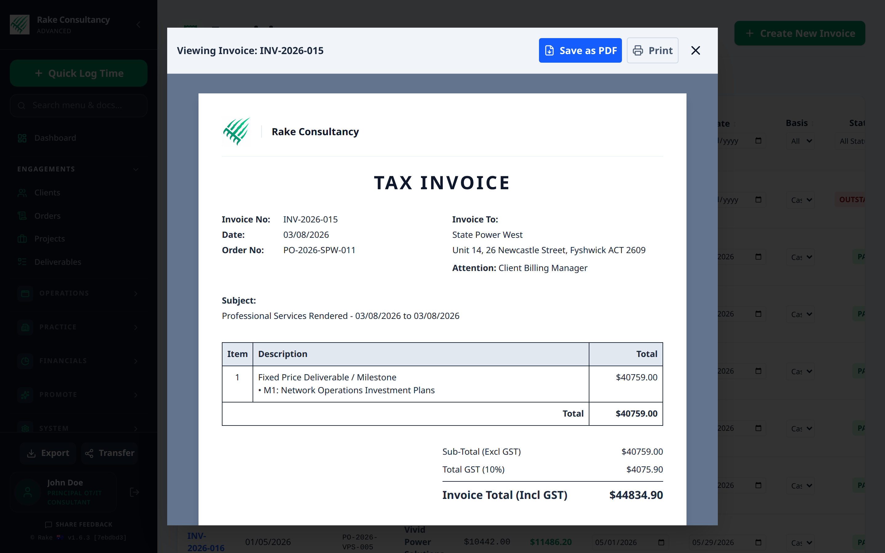 Rake GST Compliant Tripartite Tax Invoice output showing decoupled contractor entity, agency middleman, and end client billing structure