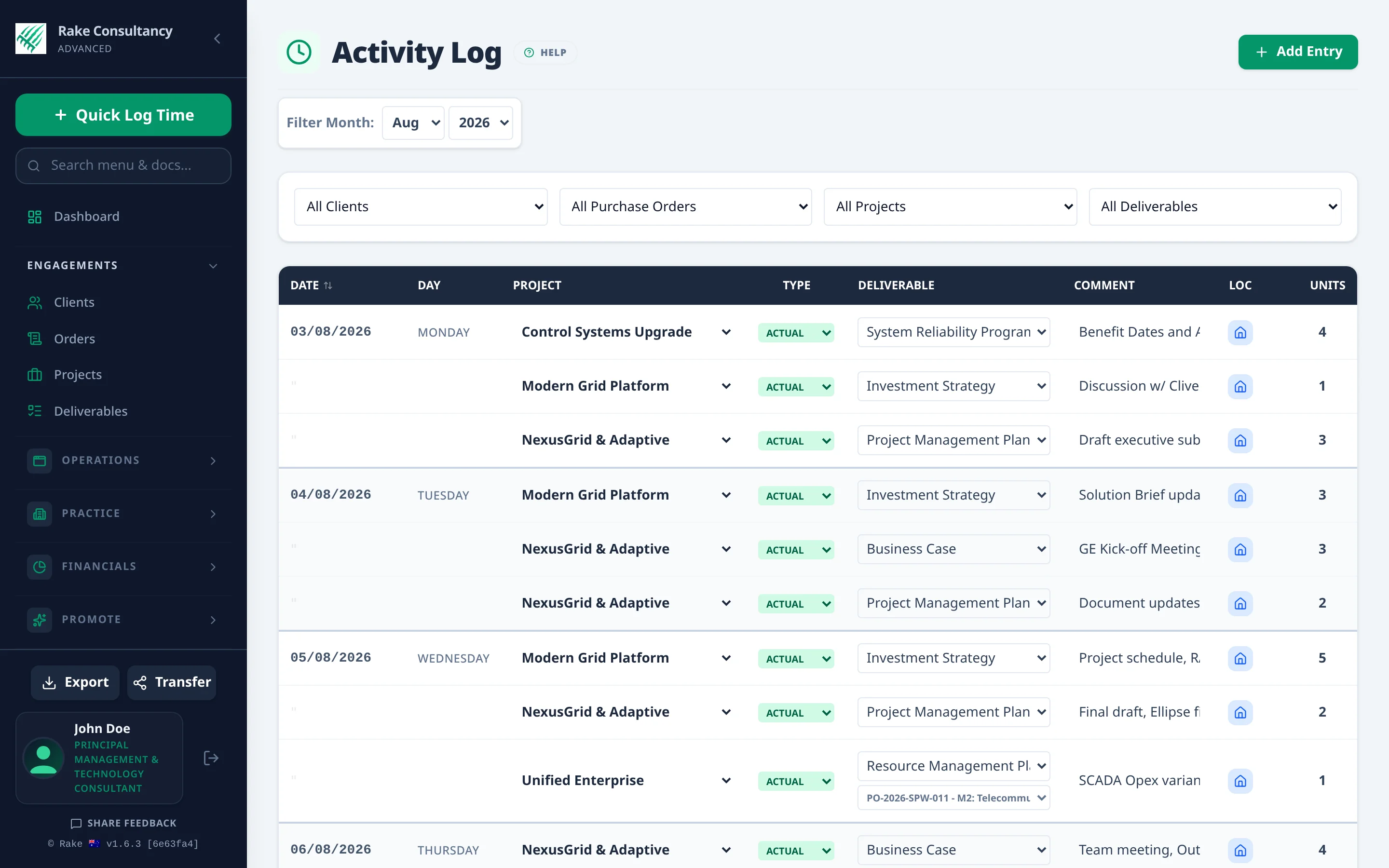 Rake Activity Log and Timesheet view showing offline-capable milestone activity tracking and deliverable linking
