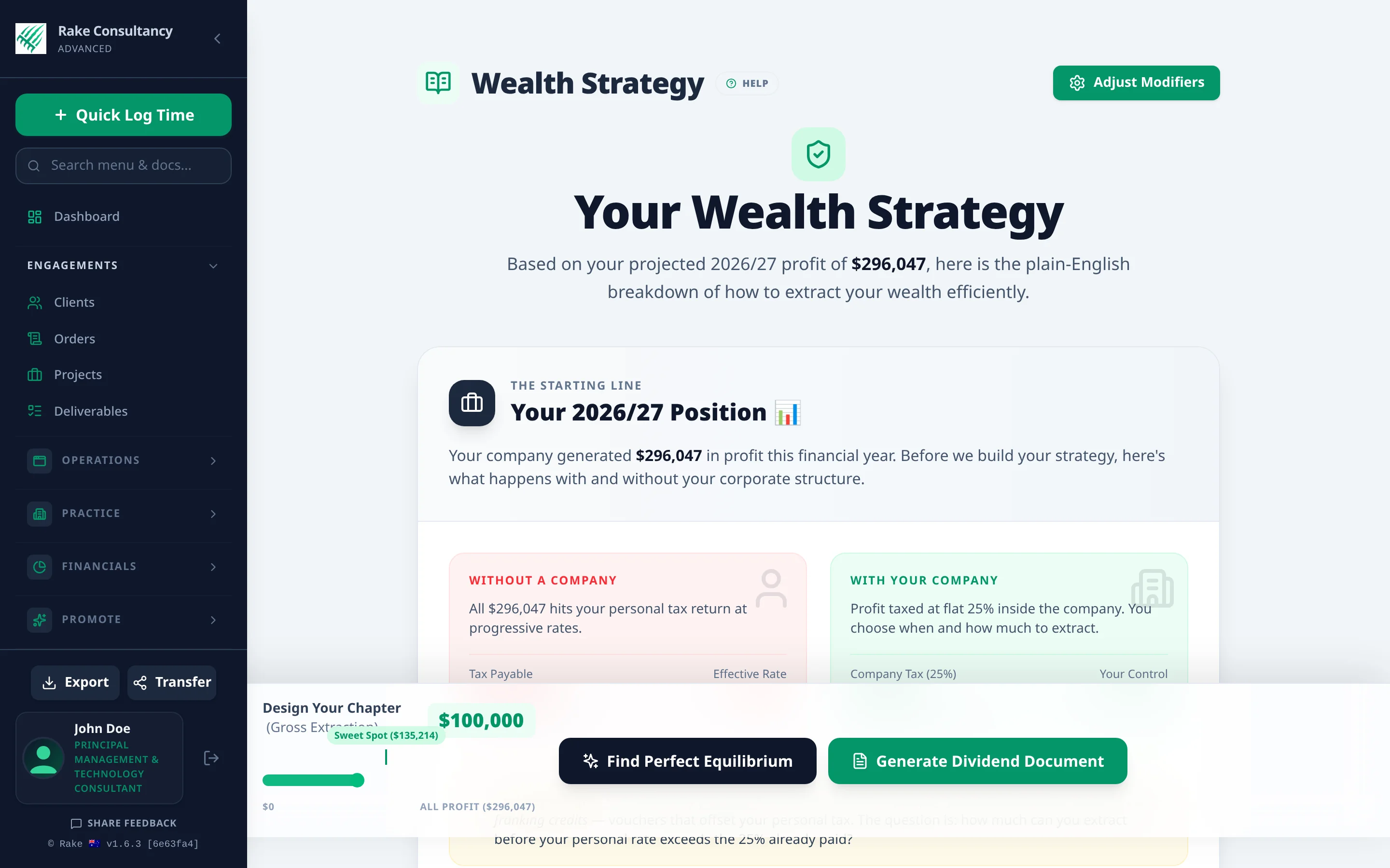 Rake Wealth Strategy and Tax Deferral Simulator displaying dividend distribution math and company tax retention parameters