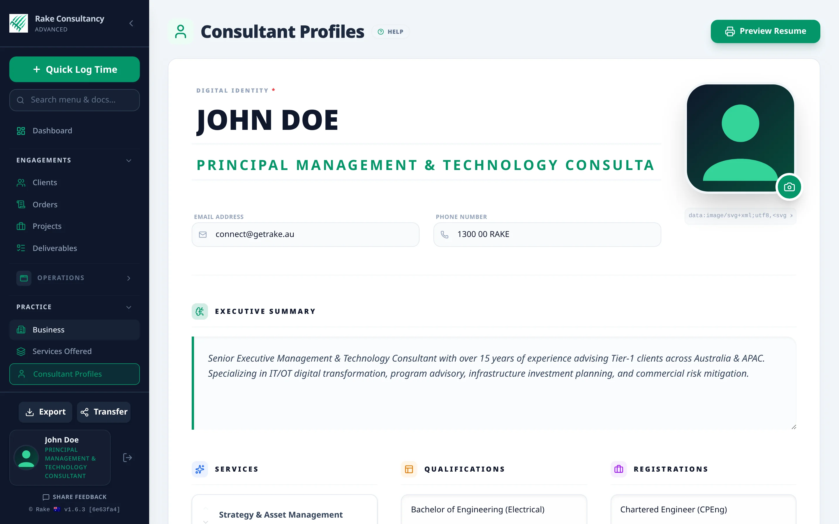 Rake Consultant Profile and Capability Registry view displaying skill tags, qualifications, and automated resume PDF generator