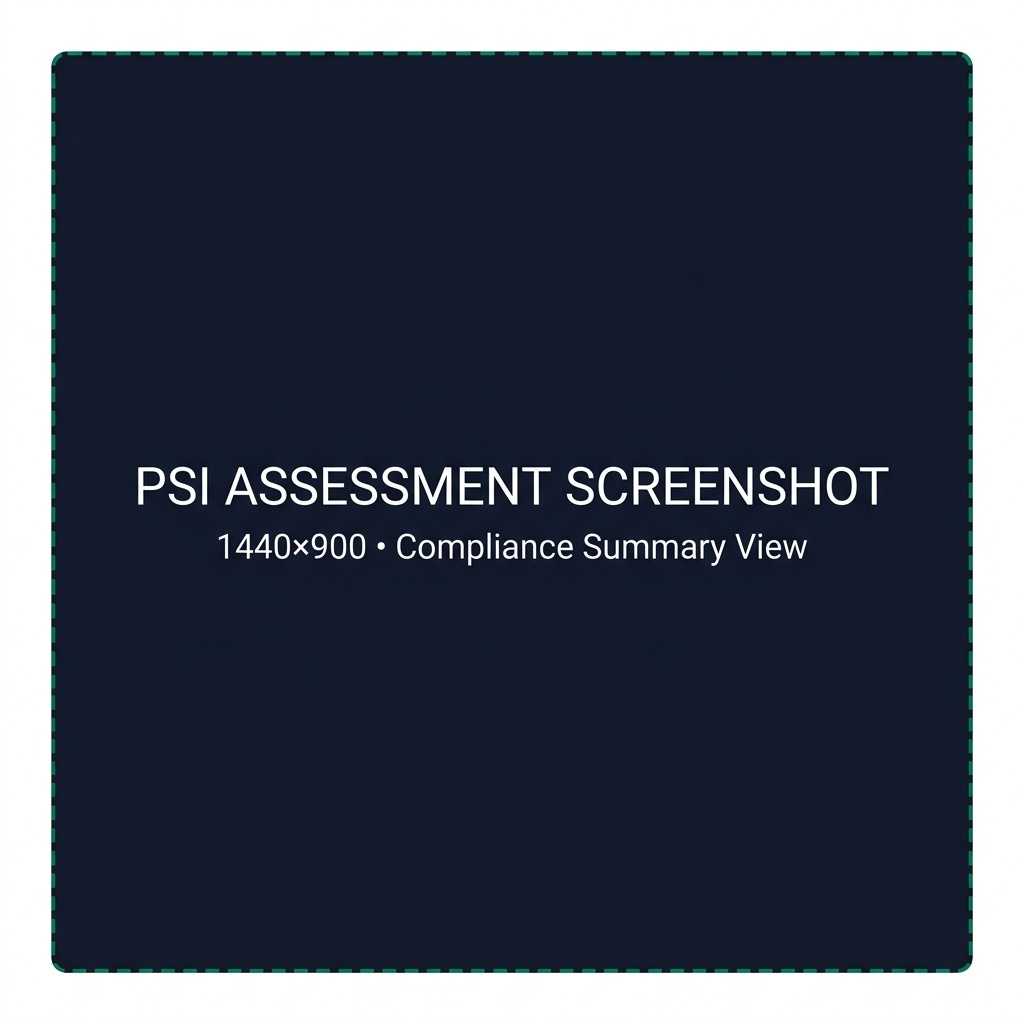 PLACEHOLDER: Capture a screenshot of the PSI/PSB Assessment results page in the Rake app showing a completed compliance check with Results Test outcome. Dimensions: 1440×900px, PNG format. Save to gateway/public/images/screenshot-psi.png